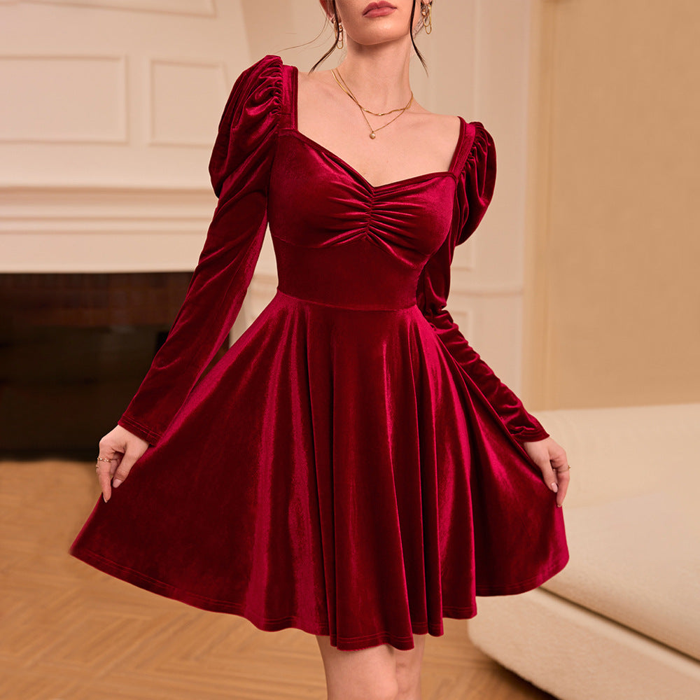 French Wine Red Velvet Midi Dress